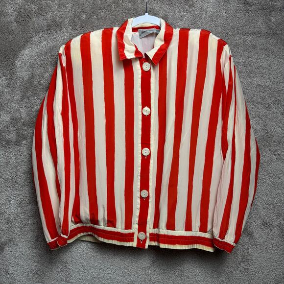 Vtg Silk Blouse Size M Orange Cream Striped Shirt Korean Retro Adam Douglass - Picture 1 of 4